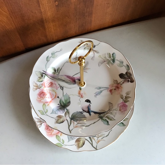 Grace Teaware Double Tiered Porcelain Serving Plate Floral Bird - Picture 4 of 11